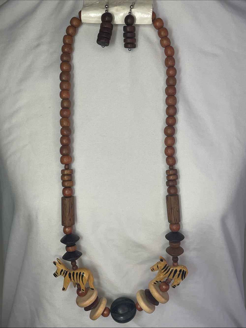 Wooden Beaded Necklace with Hand-Painted Zebra Pendants